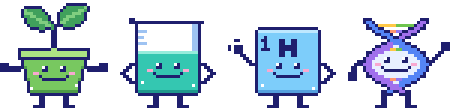 Pixel-art science buddies: a sprout, a beaker, a hydrogen tile and a DNA strand