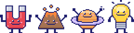 Pixel-art science buddies: a magnet, a volcano, a ringed planet and a lightbulb