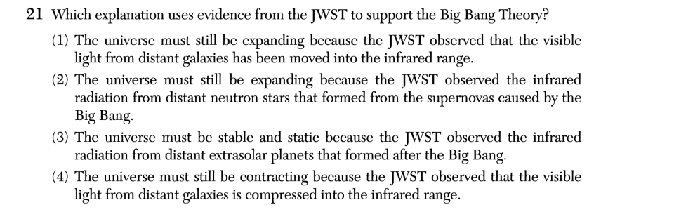 June 2026 Earth and Space Sciences Regents question 21, The James Webb Space Telescope (JWST) cluster