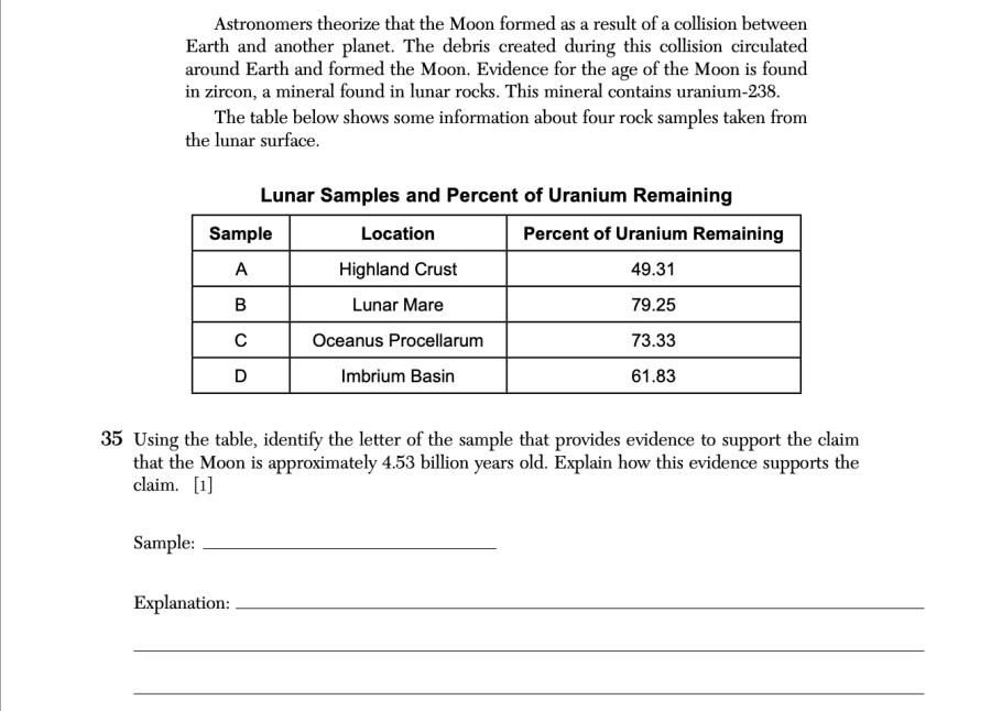 August 2025 Earth and Space Sciences Regents question 35, Earth-Moon History cluster