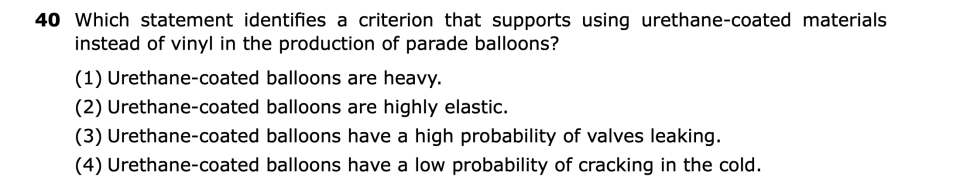 August 2026 Chemistry Regents question 40, Parade of Balloons cluster
