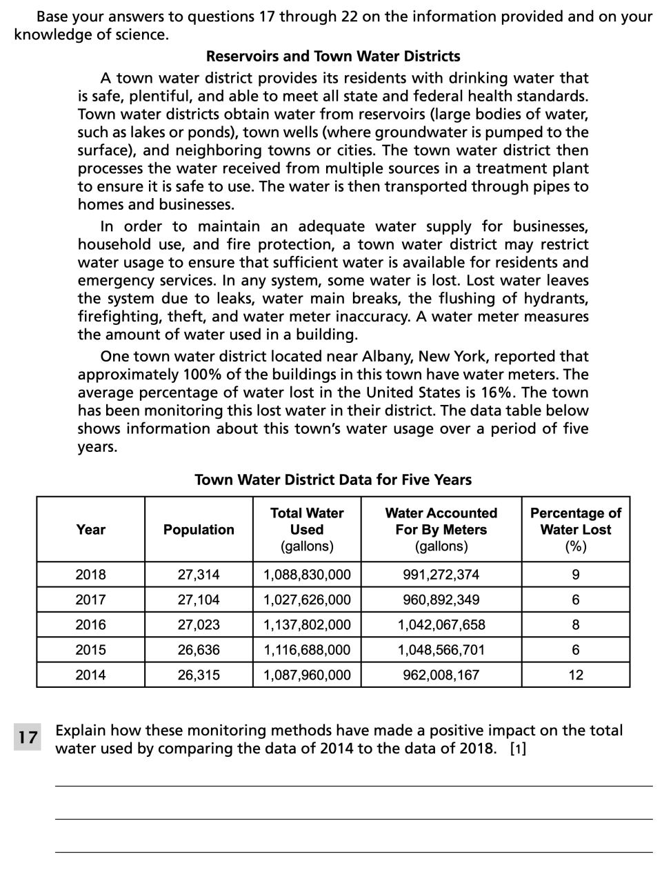 Spring 2024 Grade 8 Science Test question 17, Reservoirs and Town Water Districts cluster