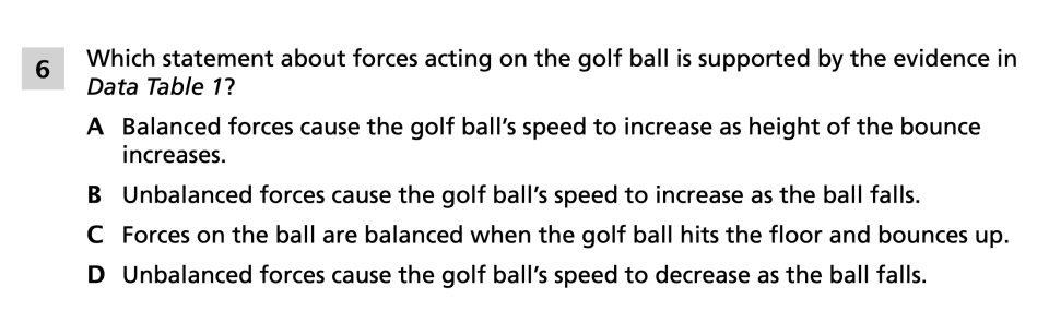 Spring 2024 Grade 5 Science Test question 6, Motion of Golf Balls cluster