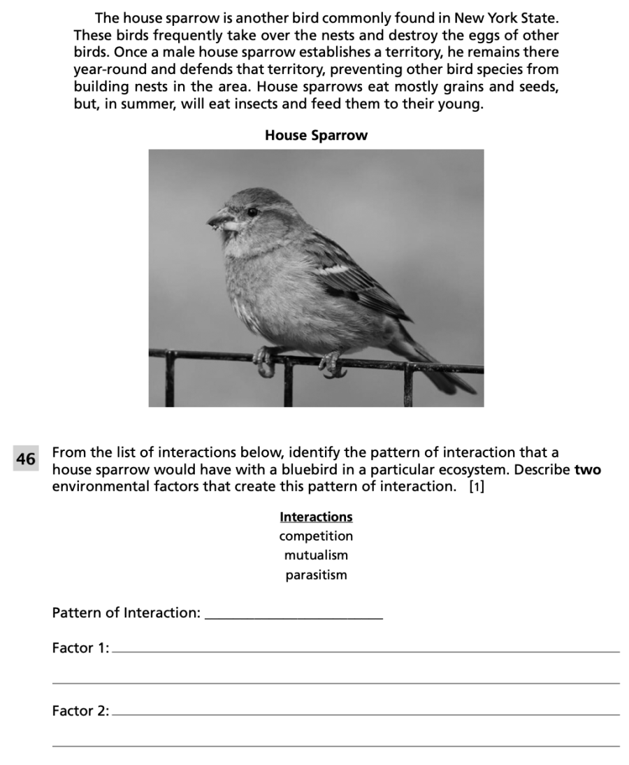 Spring 2024 Grade 8 Science Test question 46, Ecosystem of the Eastern Bluebird cluster