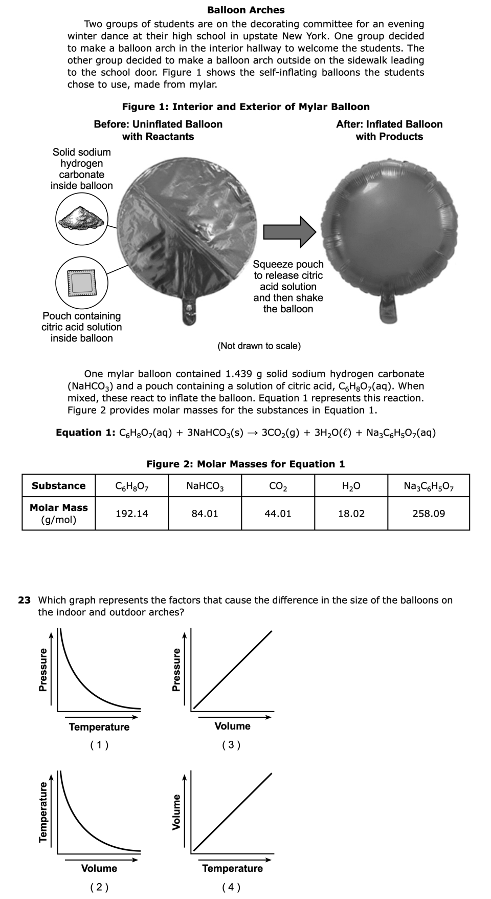 June 2026 Chemistry Regents question 23, Balloon Arches cluster