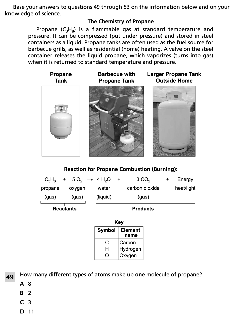 Spring 2024 Grade 8 Science Test question 49, The Chemistry of Propane cluster