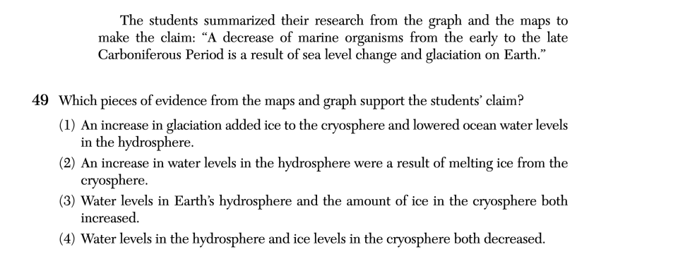 January 2026 Earth and Space Sciences Regents question 49, The Carboniferous Period cluster