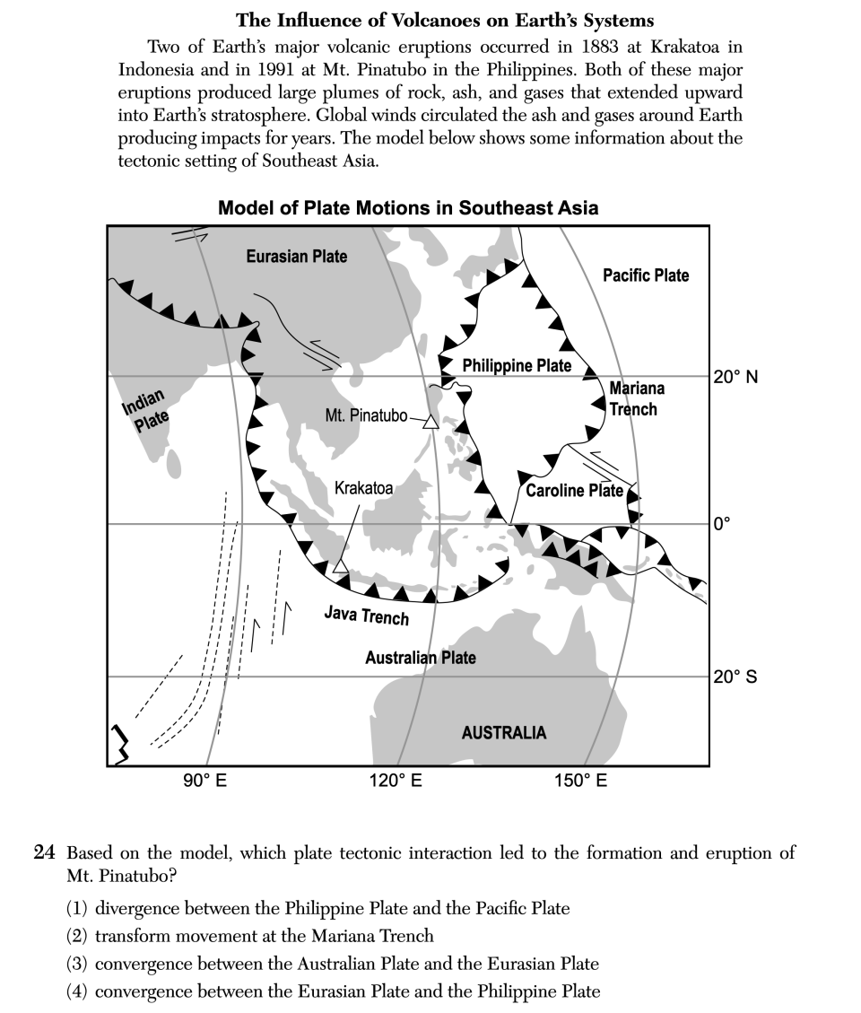 June 2026 Earth and Space Sciences Regents question 24, The Influence of Volcanoes on Earth’s Systems cluster