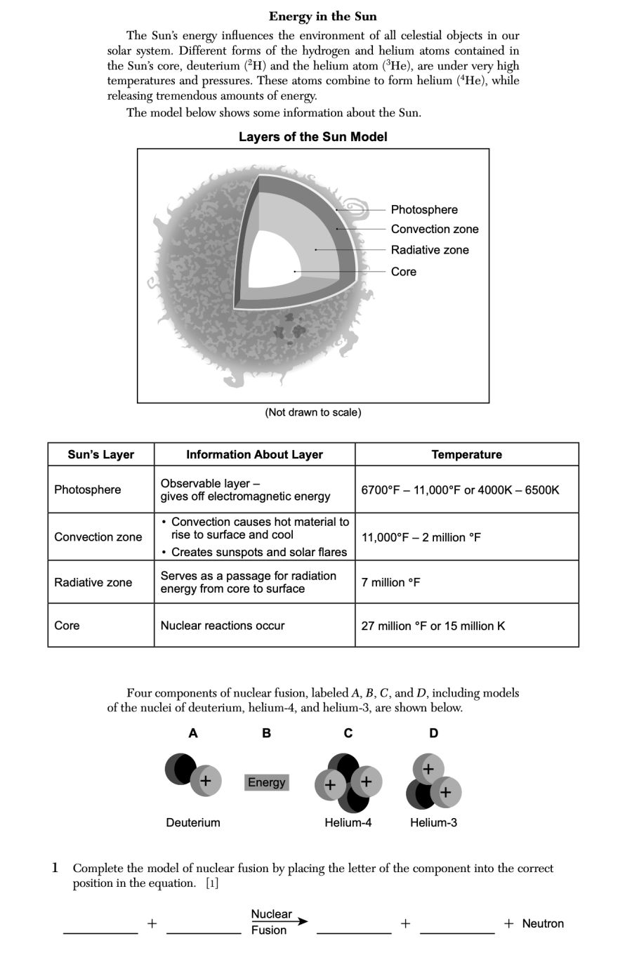 August 2025 Earth and Space Sciences Regents question 1, Energy in the Sun cluster