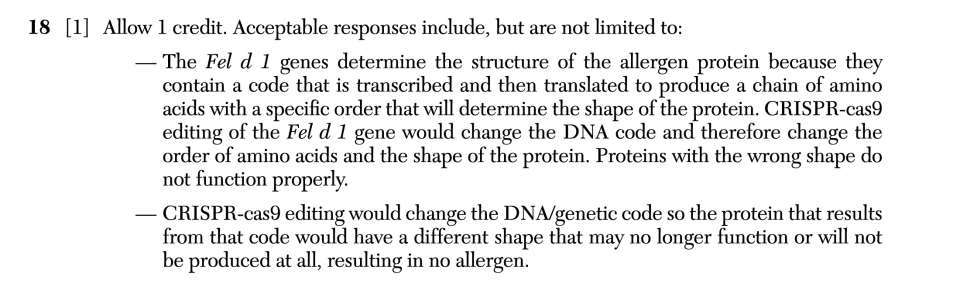 Answer key: January 2026 Biology Regents question 18, Solving the Problem of Cat Allergies cluster