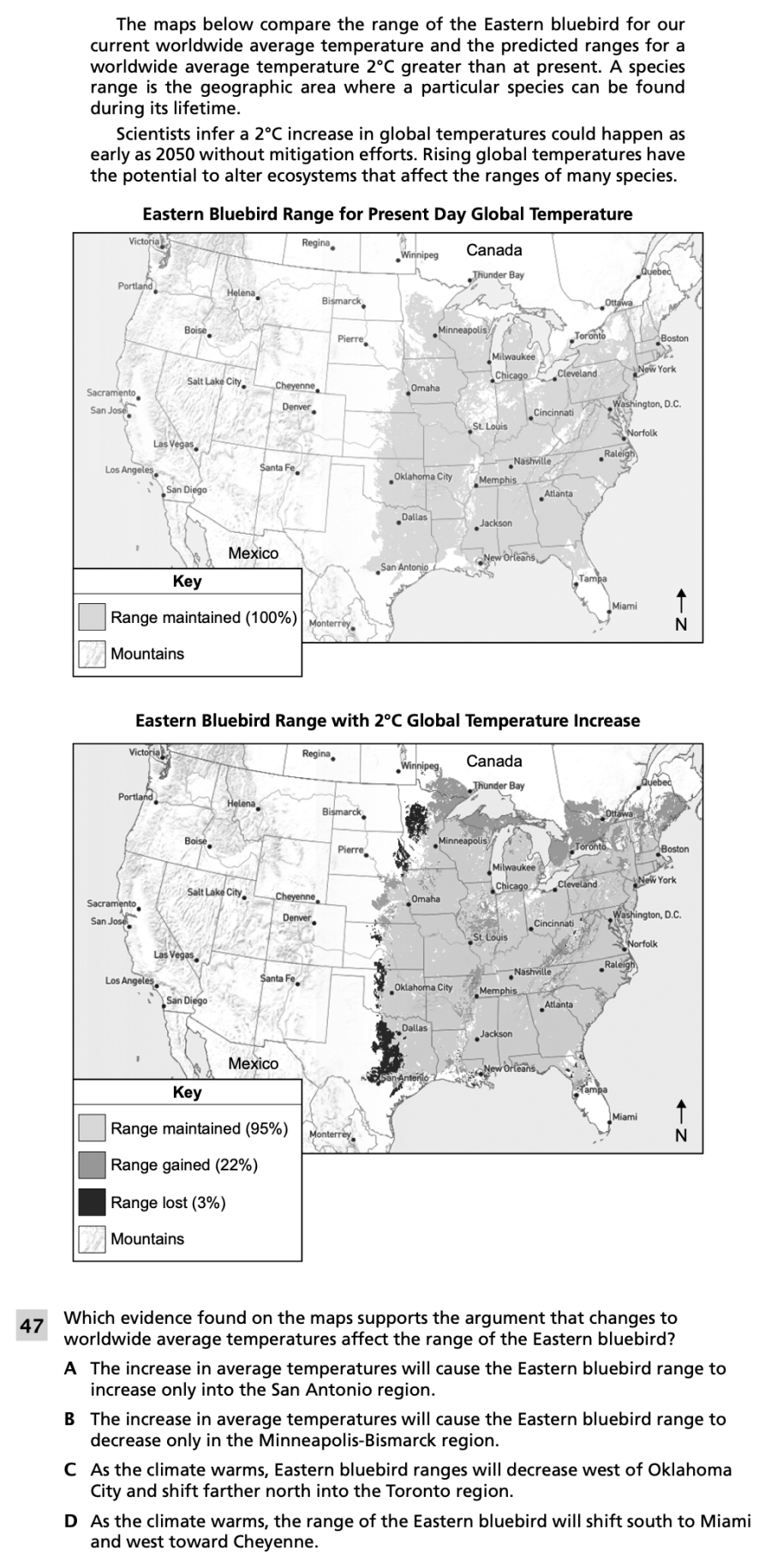 Spring 2024 Grade 8 Science Test question 47, Ecosystem of the Eastern Bluebird cluster