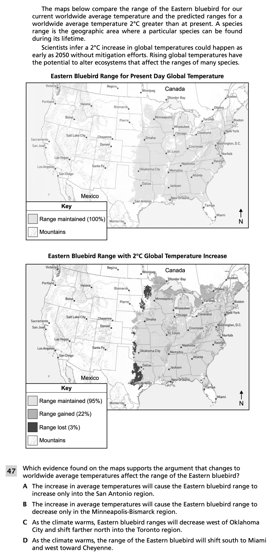 Spring 2024 Grade 8 Science Test question 47, Ecosystem of the Eastern Bluebird cluster