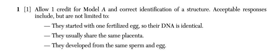 Answer key: January 2026 Biology Regents question 1, Two Kinds of Twins cluster