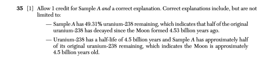 Answer key: August 2025 Earth and Space Sciences Regents question 35, Earth-Moon History cluster