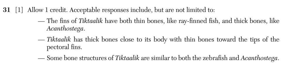 Answer key: June 2025 Biology Regents question 31, Limb Evolution cluster