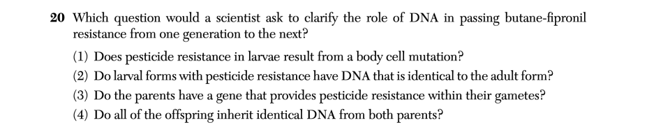 January 2026 Biology Regents question 20, A Hard Pest to Manage cluster