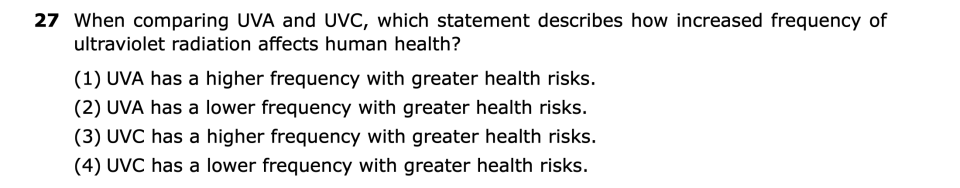 August 2026 Chemistry Regents question 27, The ABCs of Ultraviolet Radiation cluster