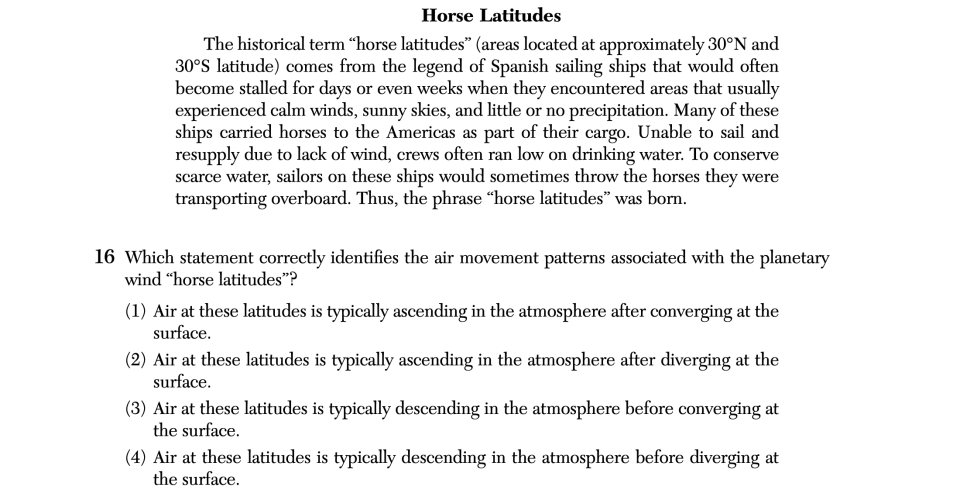 August 2025 Earth and Space Sciences Regents question 16, Horse Latitudes cluster