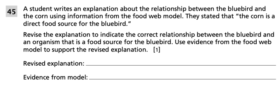 Spring 2024 Grade 8 Science Test question 45, Ecosystem of the Eastern Bluebird cluster