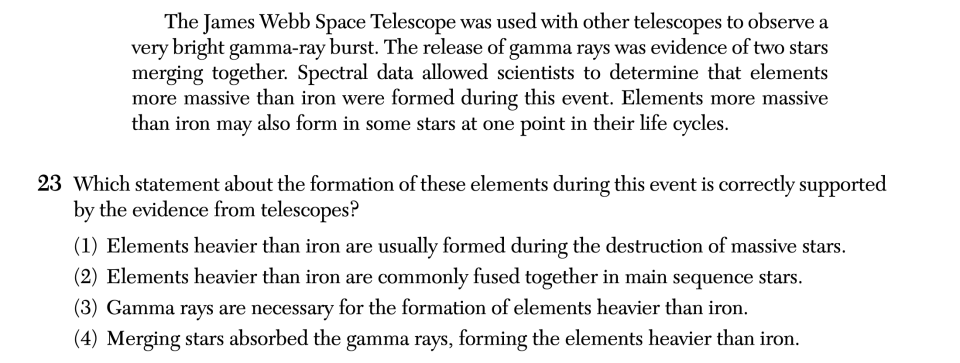June 2026 Earth and Space Sciences Regents question 23, The James Webb Space Telescope (JWST) cluster