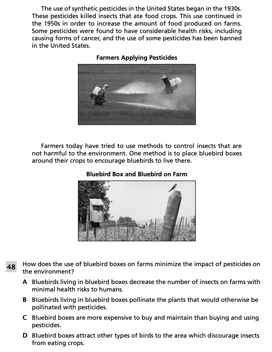 Spring 2024 Grade 8 Science Test question 48, Ecosystem of the Eastern Bluebird cluster