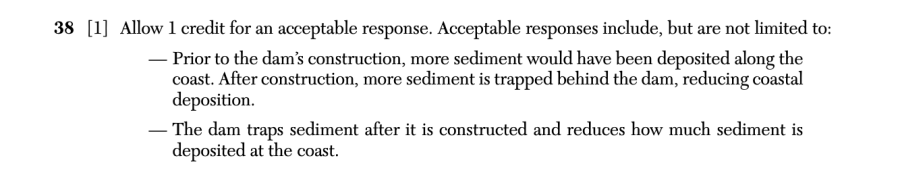 Answer key: August 2025 Earth and Space Sciences Regents question 38, Dams and Flood Mitigation cluster