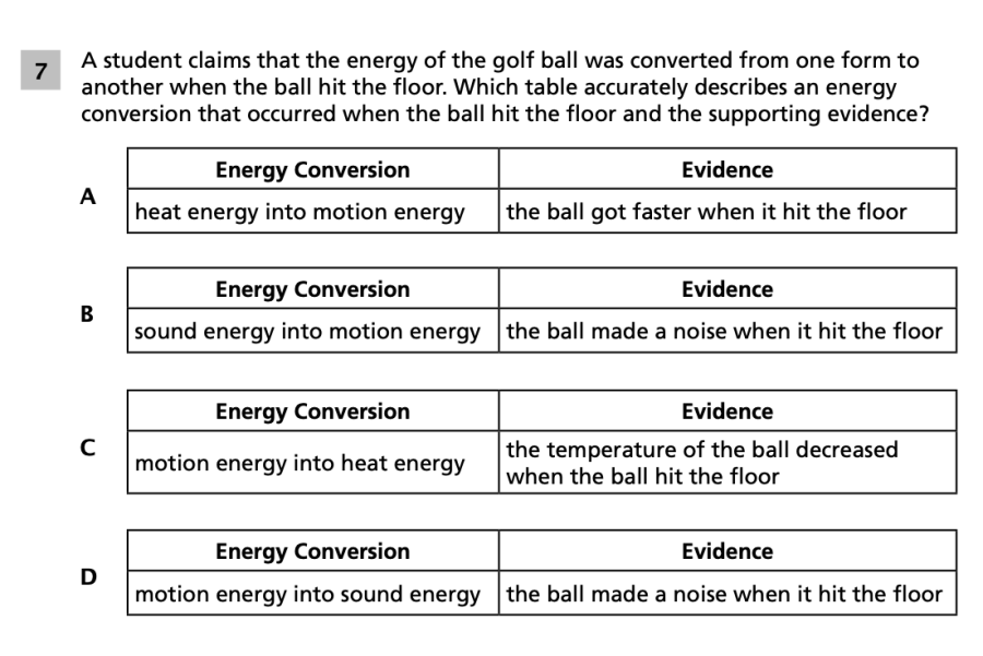 Spring 2024 Grade 5 Science Test question 7, Motion of Golf Balls cluster