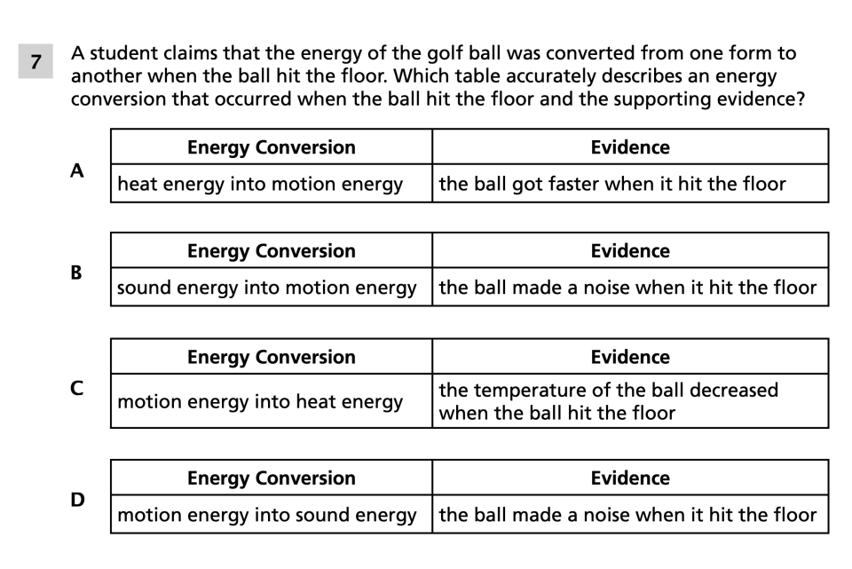Spring 2024 Grade 5 Science Test question 7, Motion of Golf Balls cluster