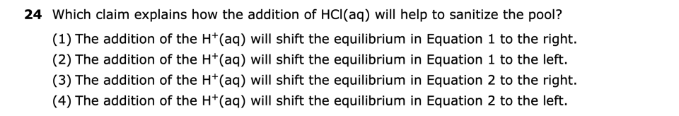 August 2026 Chemistry Regents question 24, Pool Water Chemistry cluster
