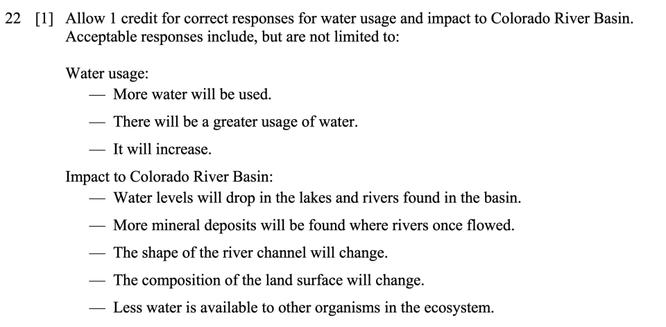 Answer key: Spring 2024 Grade 8 Science Test question 22, Reservoirs and Town Water Districts cluster