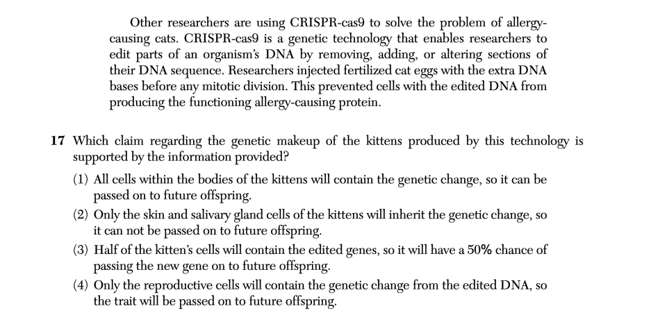January 2026 Biology Regents question 17, Solving the Problem of Cat Allergies cluster