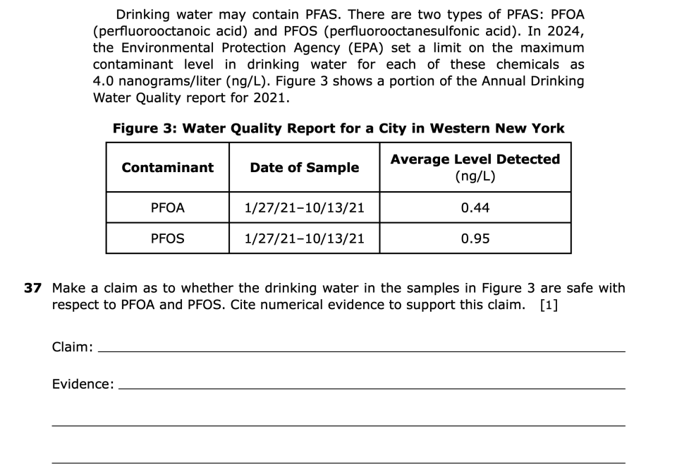 June 2026 Chemistry Regents question 37, Chip Bag: PFAS vs PLA Plastics cluster