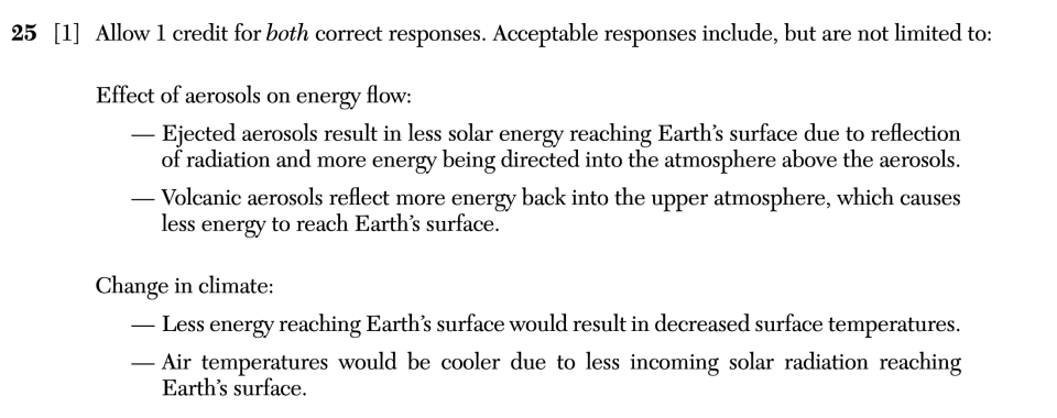 Answer key: June 2026 Earth and Space Sciences Regents question 25, The Influence of Volcanoes on Earth’s Systems cluster