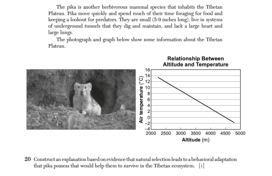 June 2025 Biology Regents question 20, Organisms of the Tibetan Plateau cluster