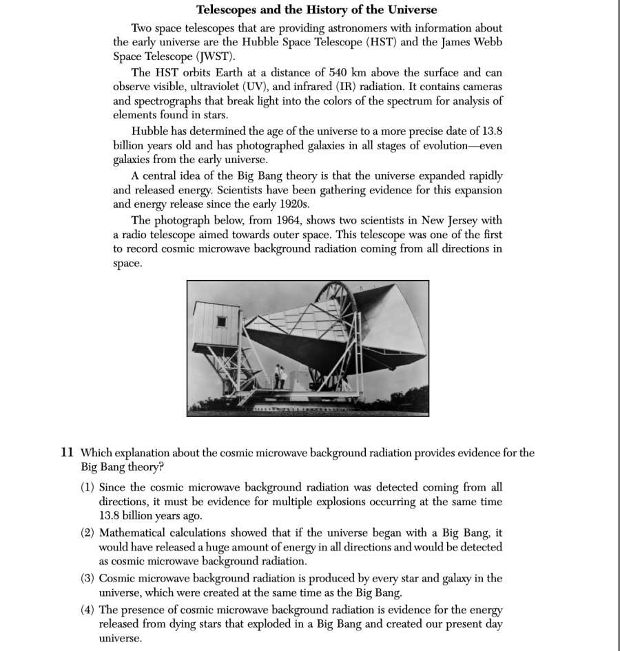 August 2025 Earth and Space Sciences Regents question 11, Telescopes and the History of the Universe cluster
