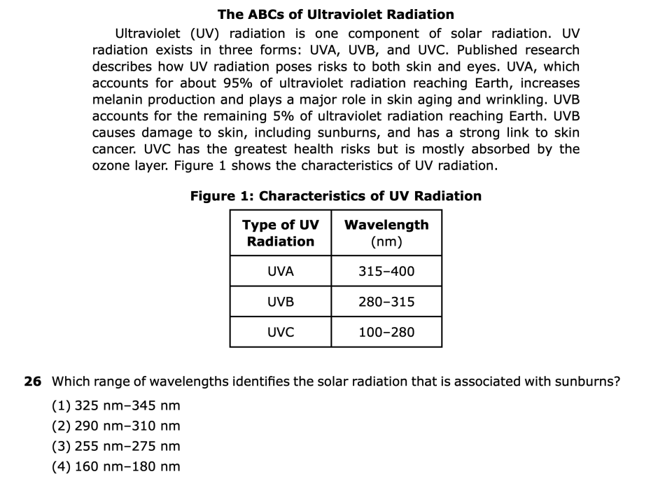 August 2026 Chemistry Regents question 26, The ABCs of Ultraviolet Radiation cluster