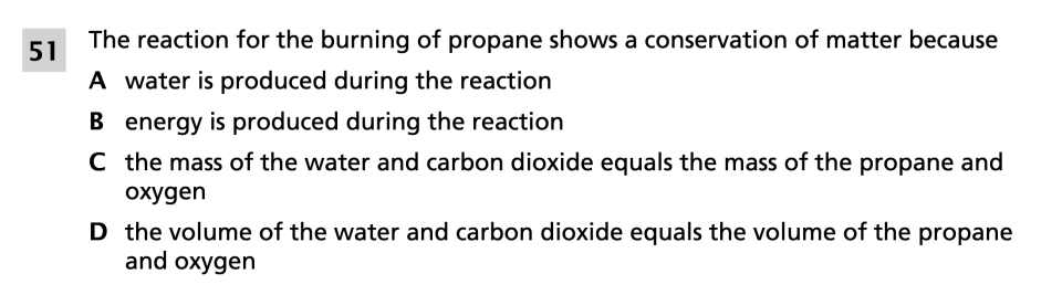 Spring 2024 Grade 8 Science Test question 51, The Chemistry of Propane cluster