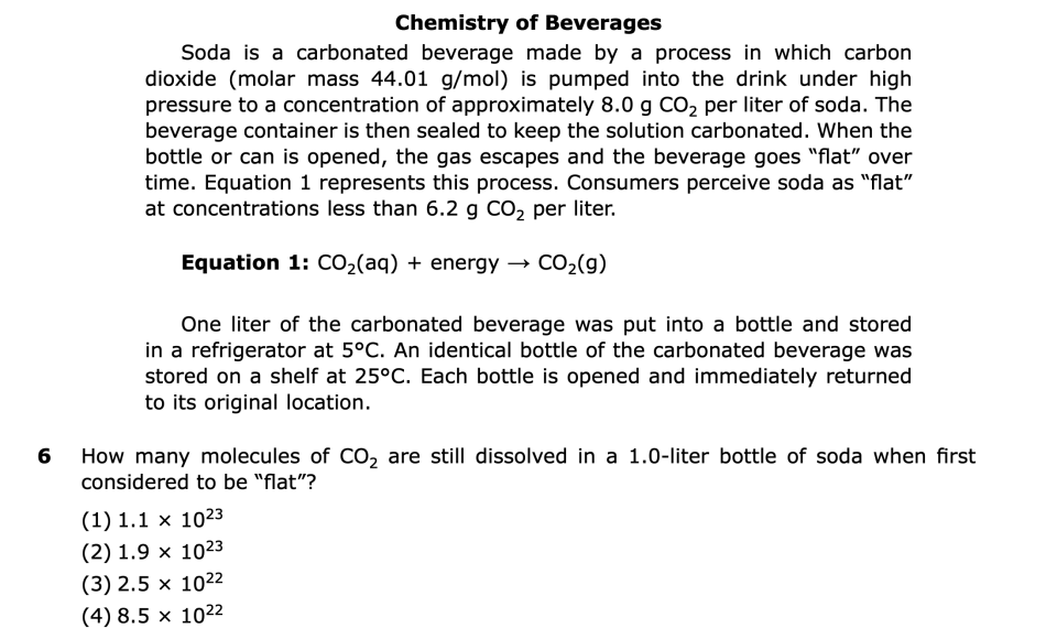 June 2026 Chemistry Regents question 6, Chemistry of Beverages cluster
