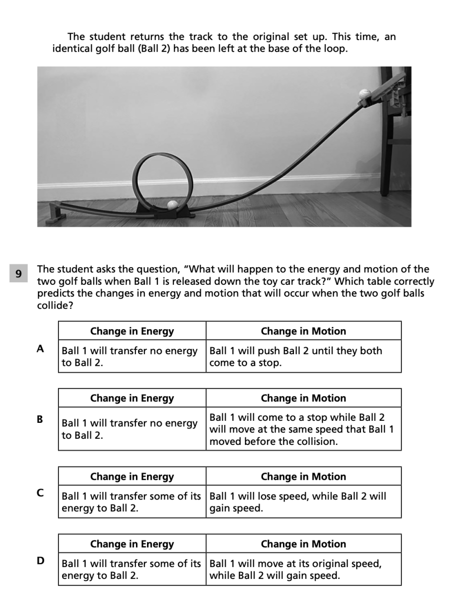 Spring 2024 Grade 5 Science Test question 9, Motion of Golf Balls cluster