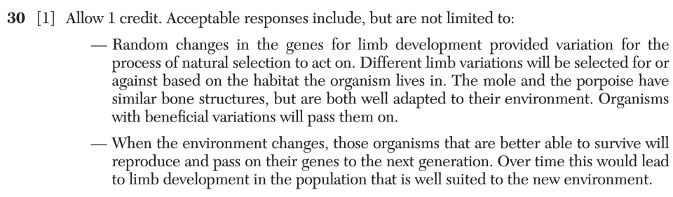 Answer key: June 2025 Biology Regents question 30, Limb Evolution cluster