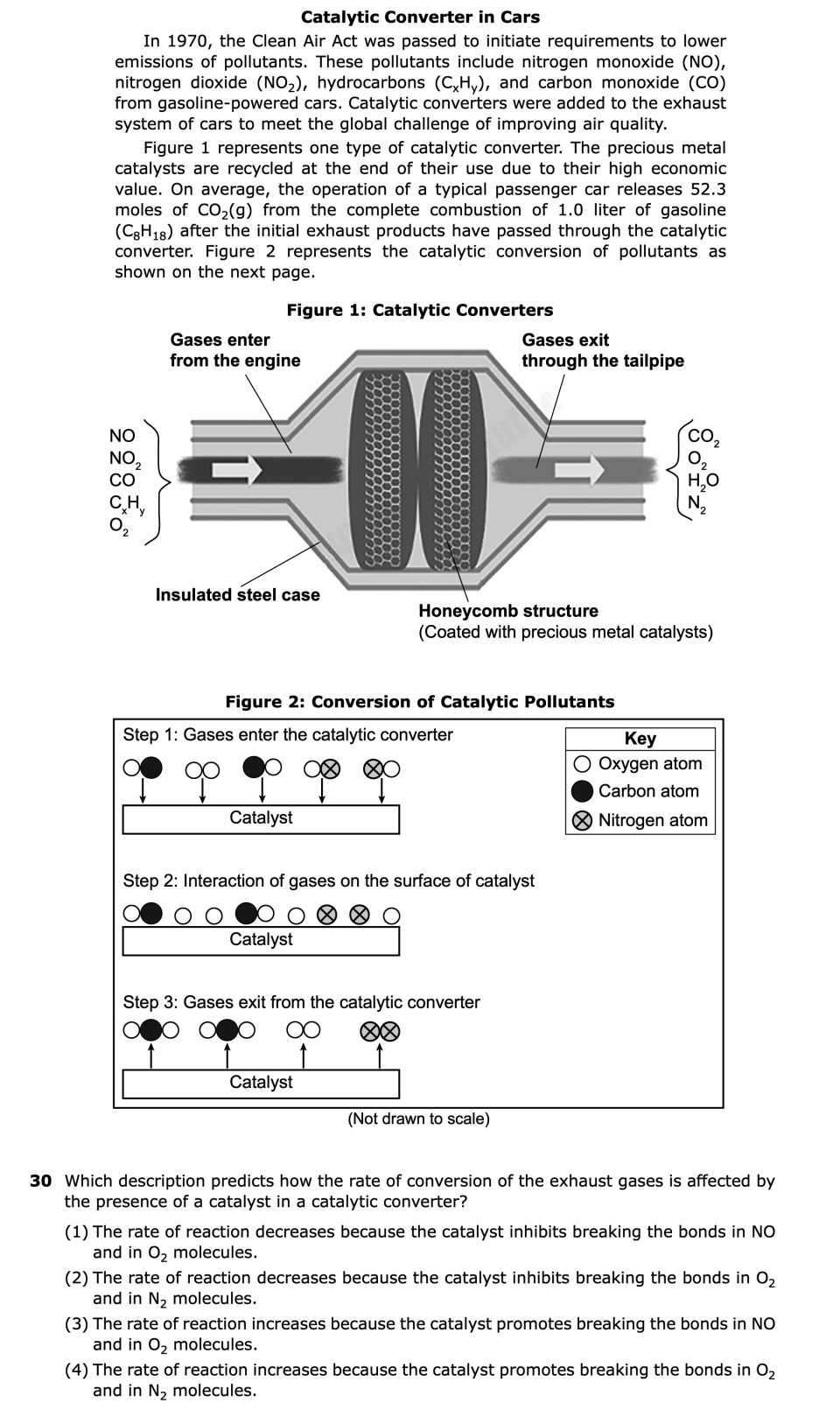 August 2026 Chemistry Regents question 30, Catalytic Converter in Cars cluster