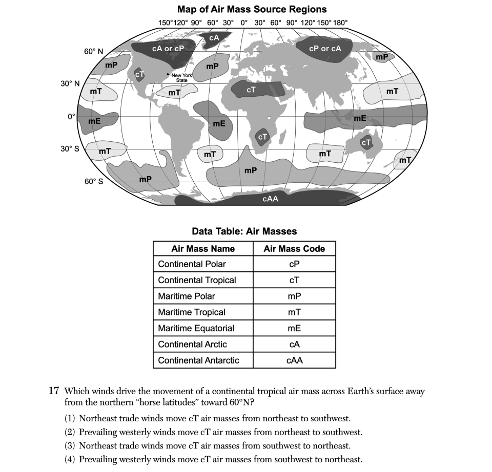 August 2025 Earth and Space Sciences Regents question 17, Horse Latitudes cluster