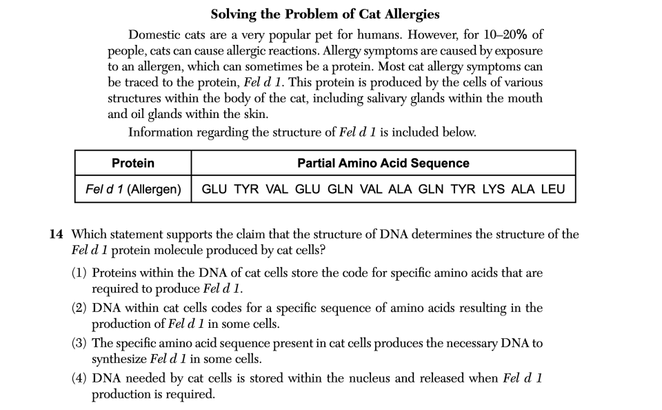 January 2026 Biology Regents question 14, Solving the Problem of Cat Allergies cluster