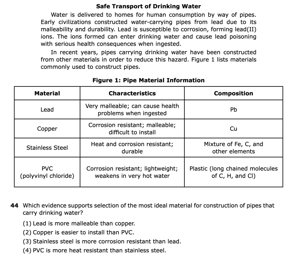 August 2026 Chemistry Regents question 44, Safe Transport of Drinking Water cluster