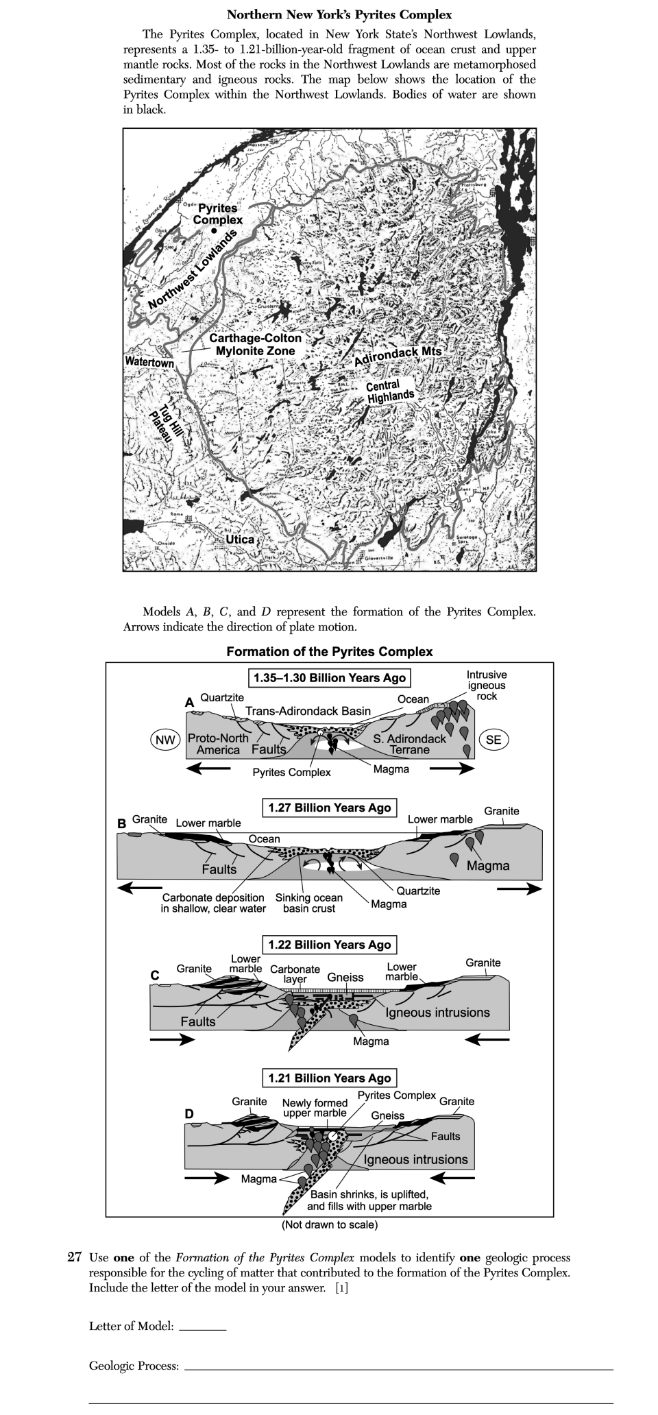 August 2025 Earth and Space Sciences Regents question 27, Northern New York's Pyrites Complex cluster