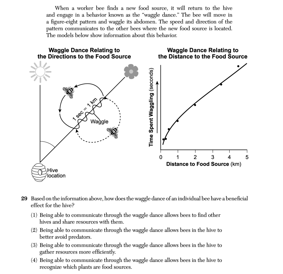 January 2026 Biology Regents question 29, Honeybee Behavior and Threats cluster