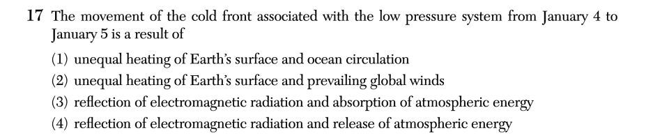 June 2026 Earth and Space Sciences Regents question 17, Conditions of a Polar Vortex Event cluster