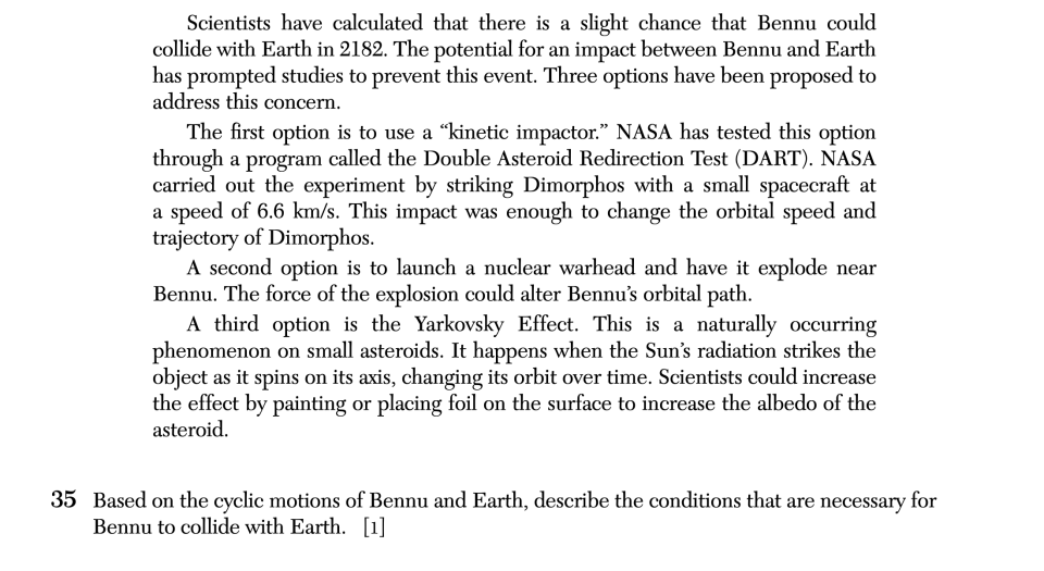 January 2026 Earth and Space Sciences Regents question 35, Bennu cluster