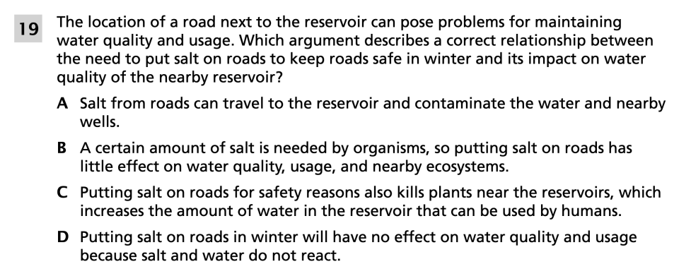 Spring 2024 Grade 8 Science Test question 19, Reservoirs and Town Water Districts cluster