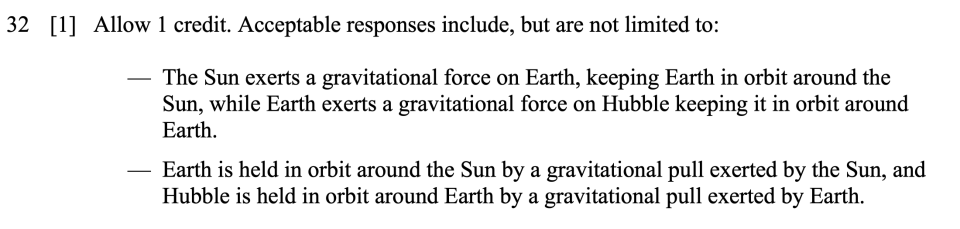 Answer key: Spring 2024 Grade 8 Science Test question 32, Gravitational Forces cluster